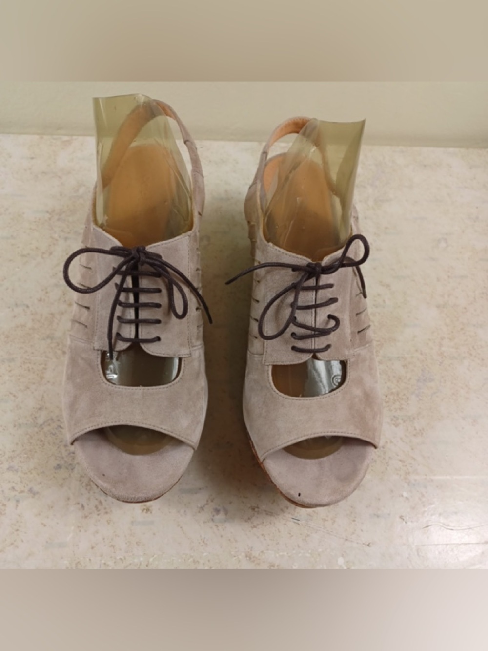 COCLICO Taupe Suede Cork Platform Slingback Wedges
